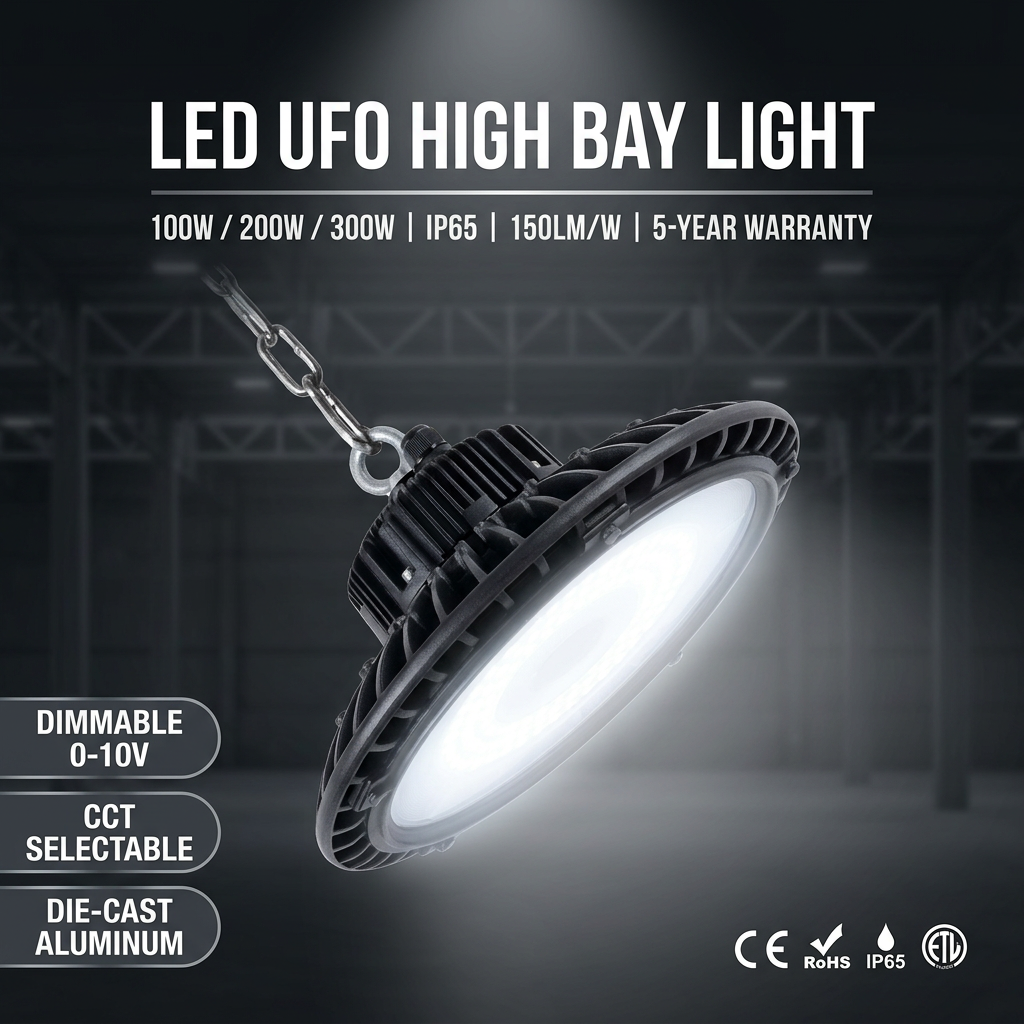 Dimmable IP65 100W 200W 300W LED UFO High Bay Light with Sensor for Warehouse Factory Workshop Lighting
