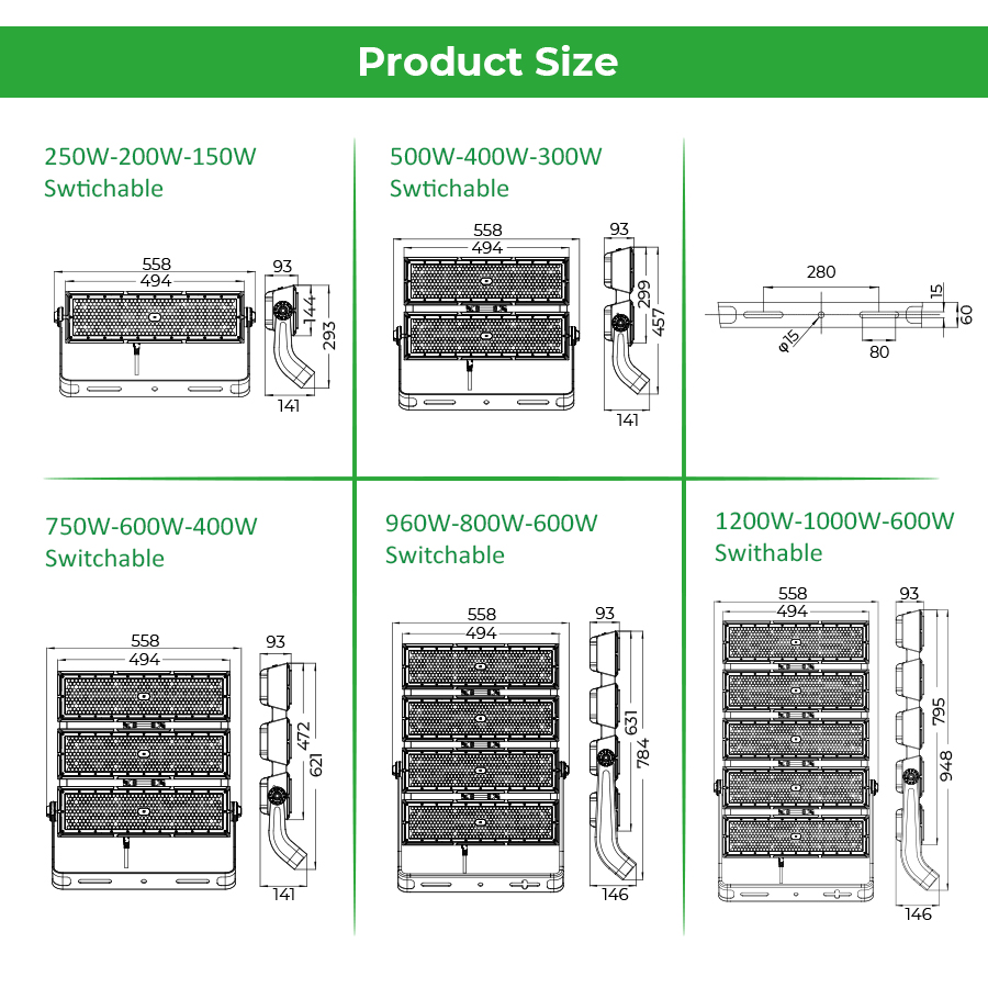 Power Switchable Super Bright 1000W Led Stadium Lights140LM/W Outdoor 90-305V Dimmable Led Stadium Light For Court