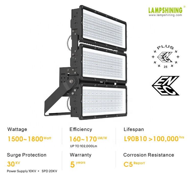 160-170 Lm/w 1650W High Power LED High Mast Lights IP66 Waterproof Aluminum Luminaires CRI 80 2000-6500K Color Temp 5-Year
