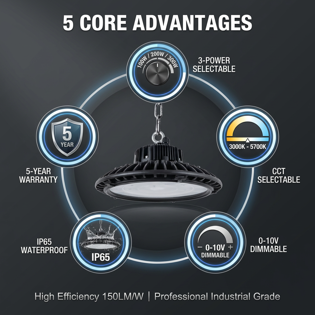 Dimmable IP65 100W 200W 300W LED UFO High Bay Light with Sensor for Warehouse Factory Workshop Lighting