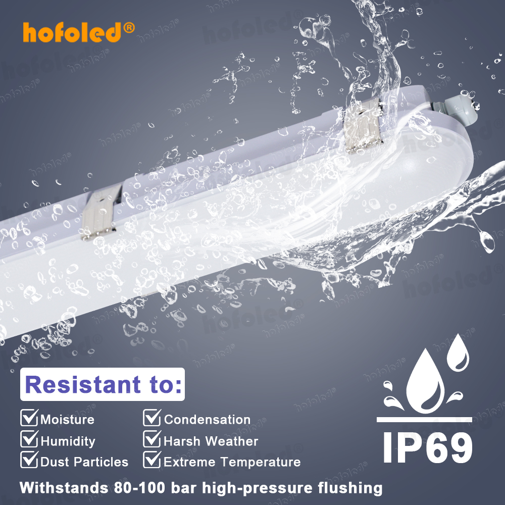 IP69K LED Vapor Tight Light PMMA NSF HACCP Certified High Pressure Washdown 80-100 Bar Batten Tri-proof Light for Food Grade