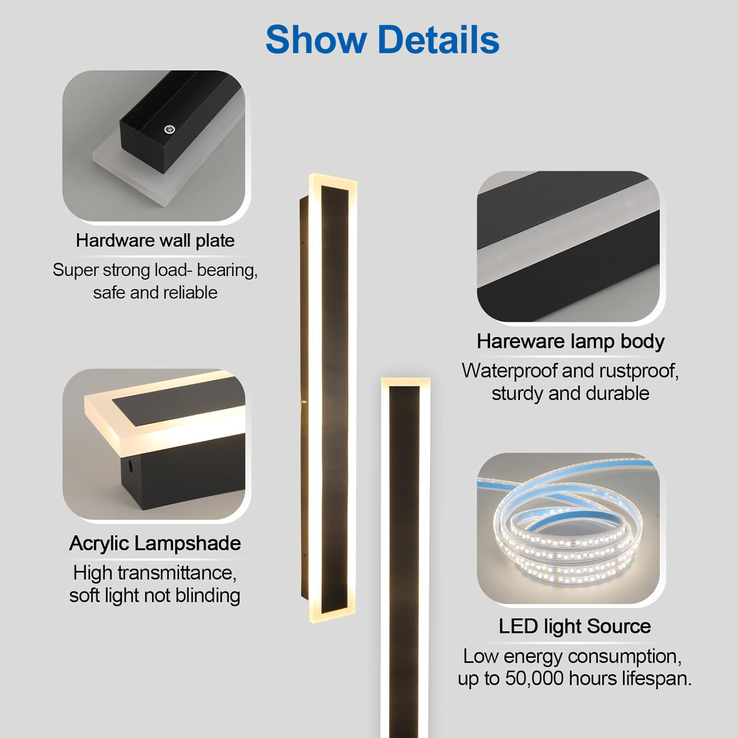 36inch 30W IP65 Frosted Acrylic LED Modern Wall Lamp Outdoor Black Long Exterior Wall Mount Linear Outdoor Light