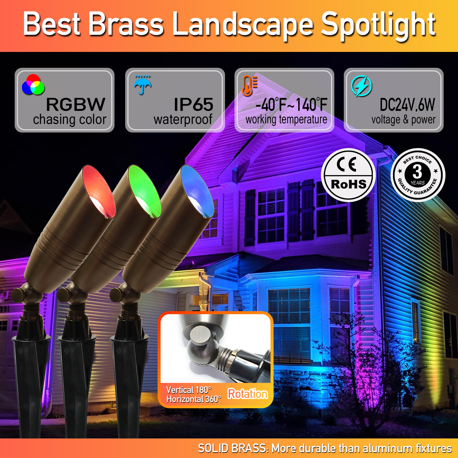 Landscape Full Brass Spot Light Outdoor Ip65 Rgbw UpLight Spike Garden Light 6w 24v Low Voltage Landscape Lighting Pathway Brass