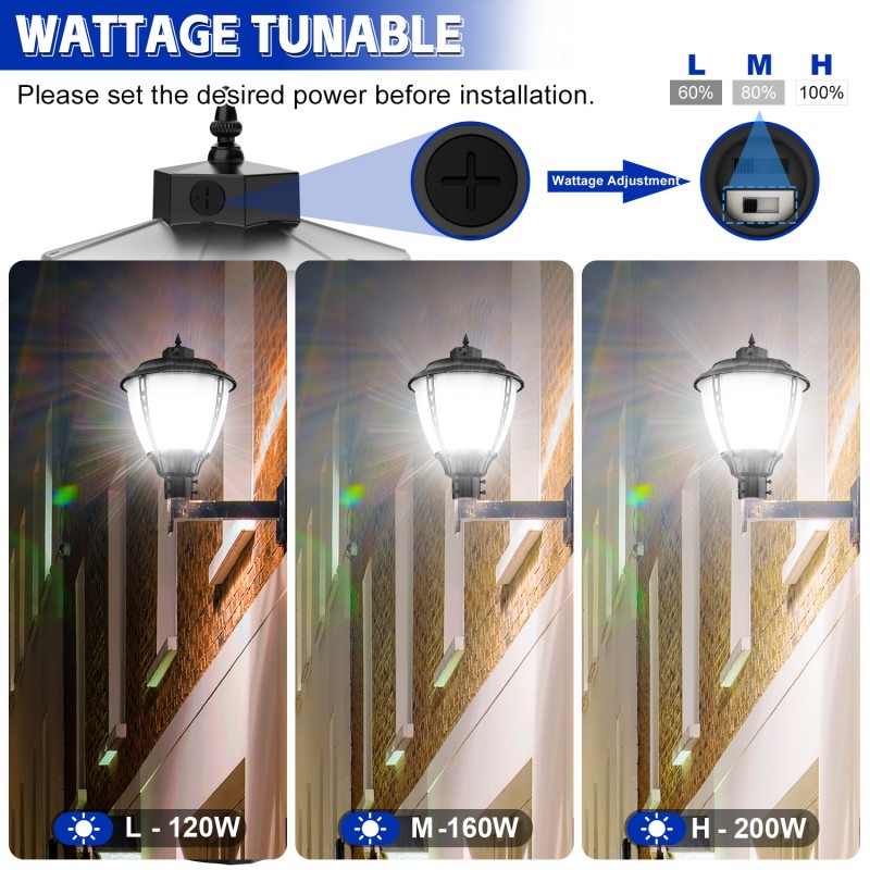 LED Street Lamp 200W 3CCT Tunable Cast Aluminum Vintage IP65 Rating AC Power Supply 100W Garden Outdoor Post Top Pole Light