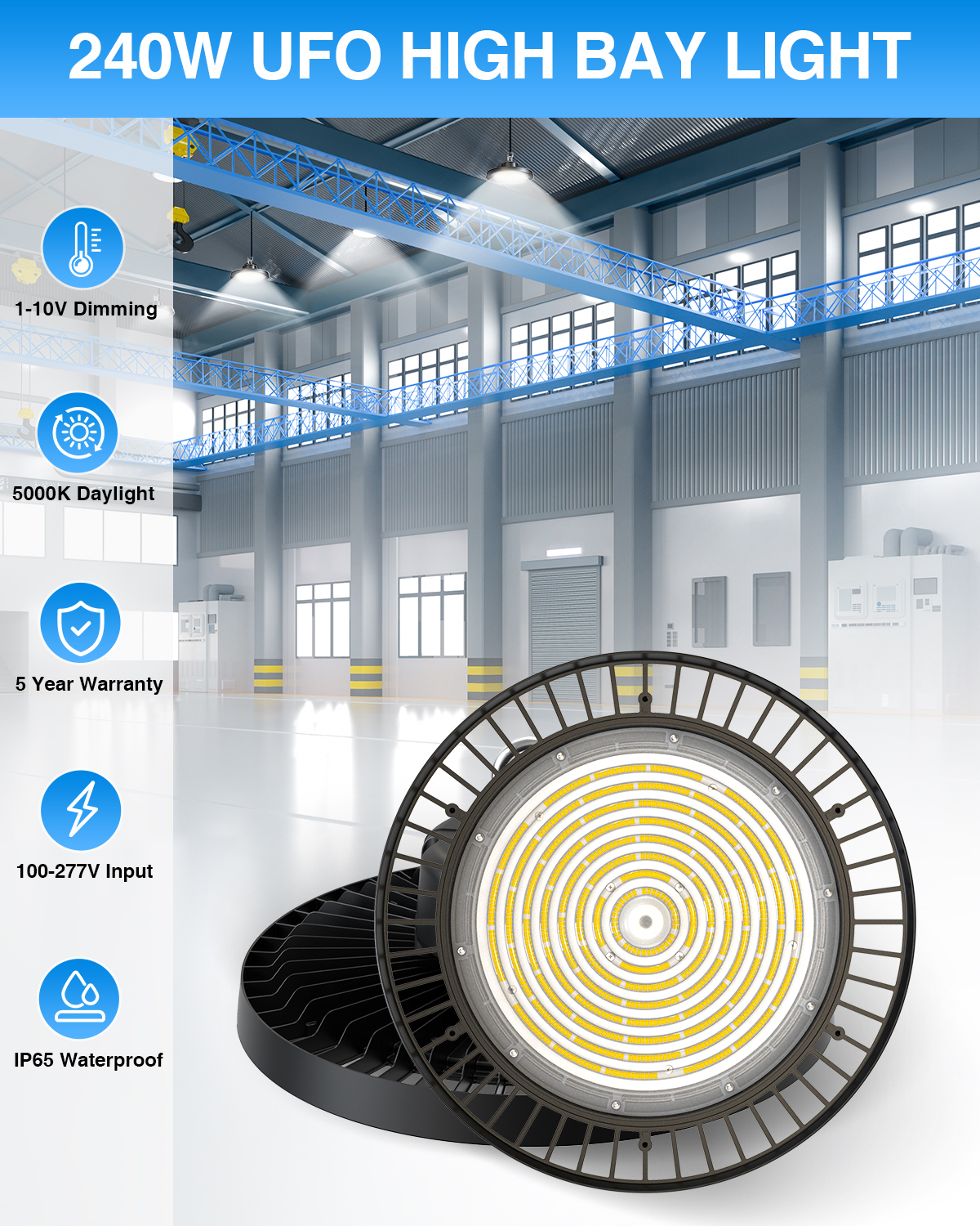 5 Years Warranty CE ETL Certificate 100w UFO LED High Bay Lights 150LM/W 100W High Bay Lights for Industry