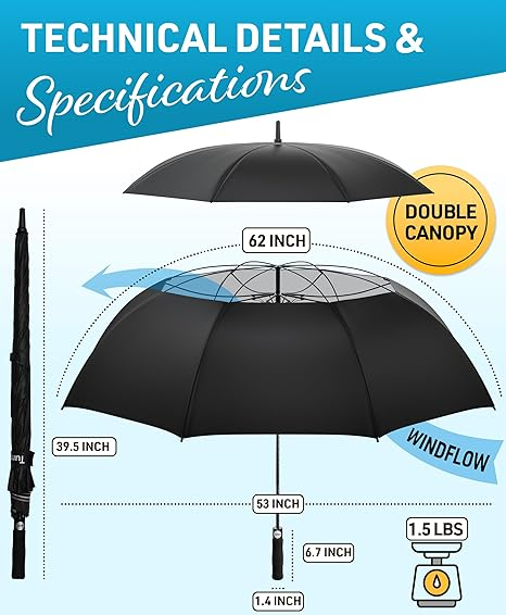 Custom Logo Golf Umbrella 62 Inch Windproof, Extra Large Auto Open, Double Canopy, Heavy Duty Rain Protection for Golf