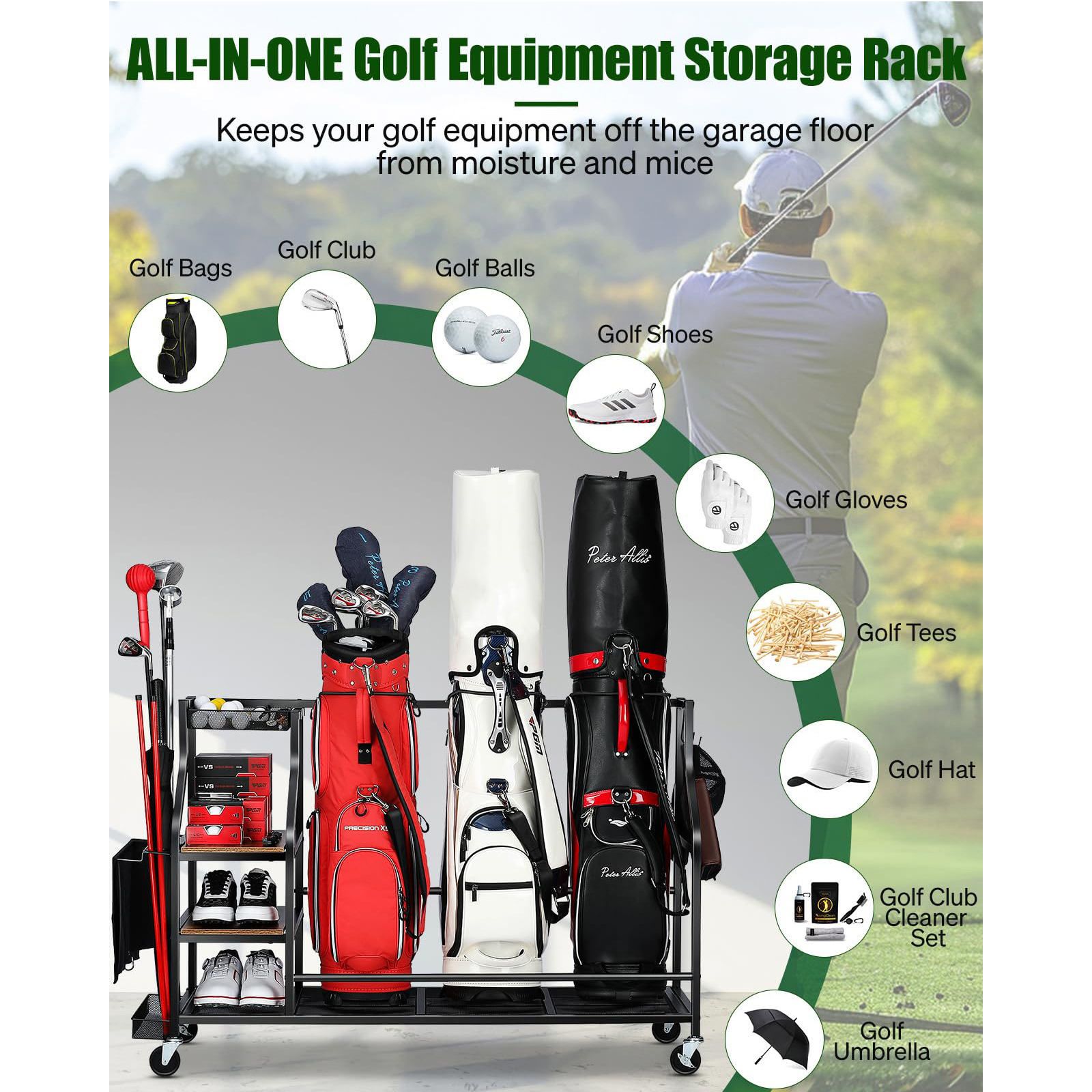 Metal Multi-Purpose Movable Golf Bag Rack with Four Layers Floor Type Storage for Golf Club Equipment Accessories