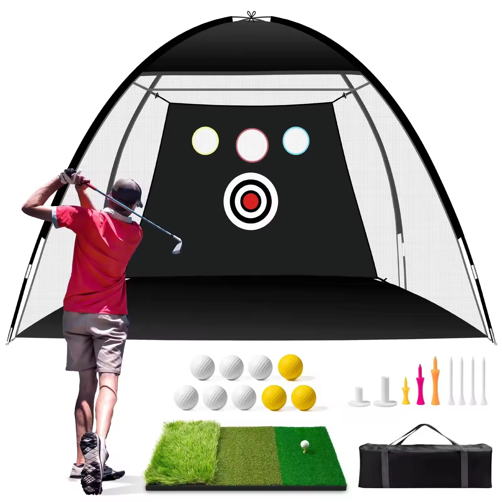 Golf Net 10x7ft Practice Net With Tri-Turf Mat All-In-1 Home Golf Hitting Aid for Backyard Driving Chipping Swing Training Black