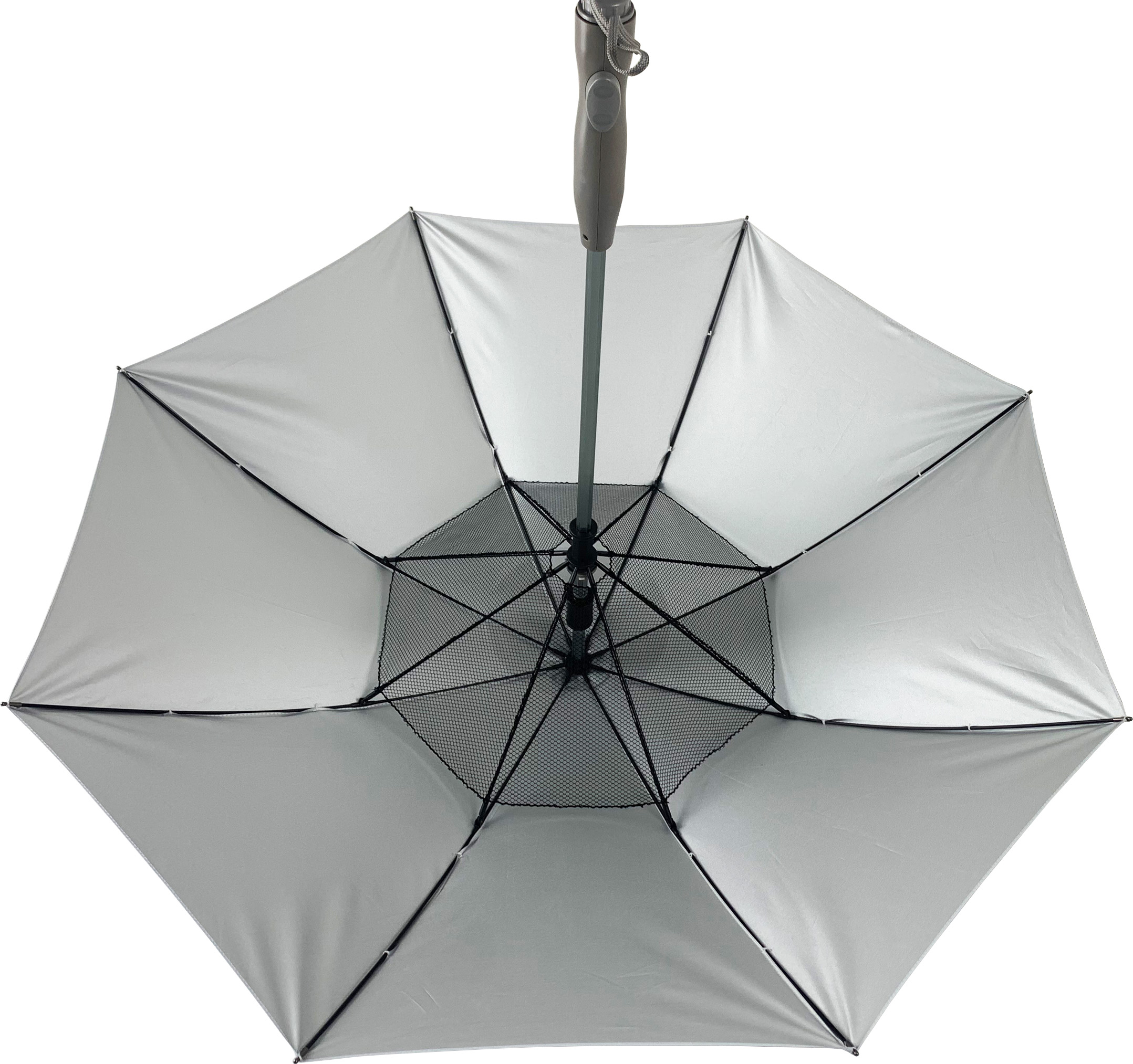 27-Inch Silver UV Coated Spray Fan Golf Umbrella New Design High Cooling USB Charging Automatic Windproof Sunshade