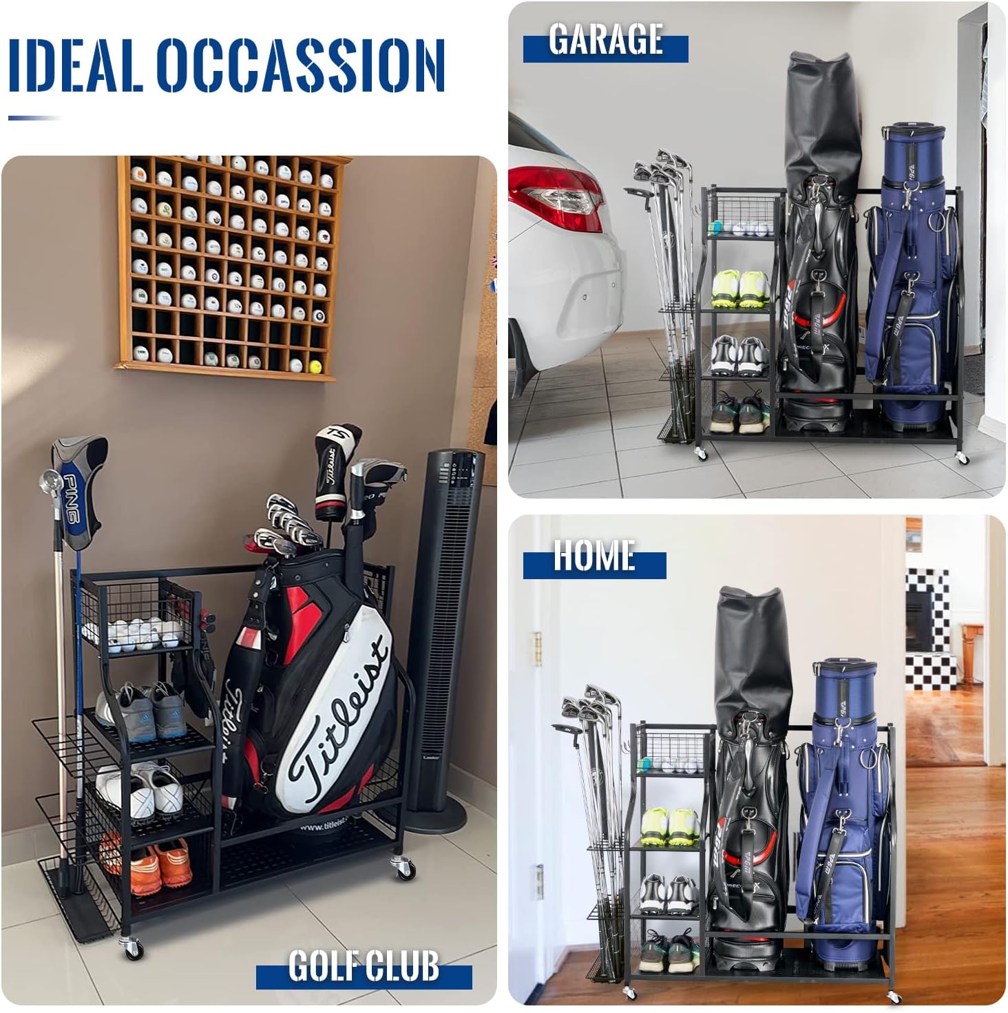 Wheeled Golfs Racks With Brake Durable Sturdy Umbrella Display Storage Rack Organizer Standing Golf Bag Organizer Shelves