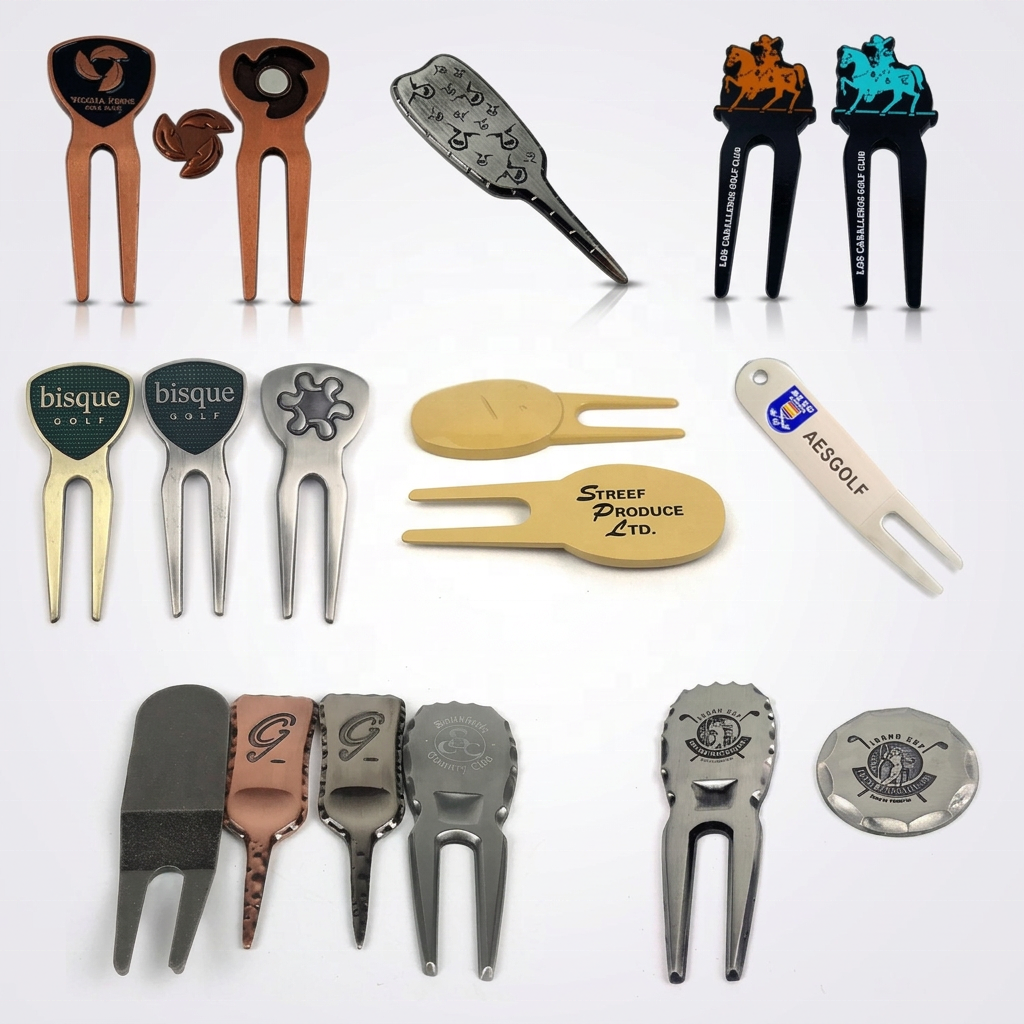 Custom Engraved Brass Golf Divot Repair Tool Metal Antique Two Prongs Golf Pitch Fork With Logo For Golfer Gift