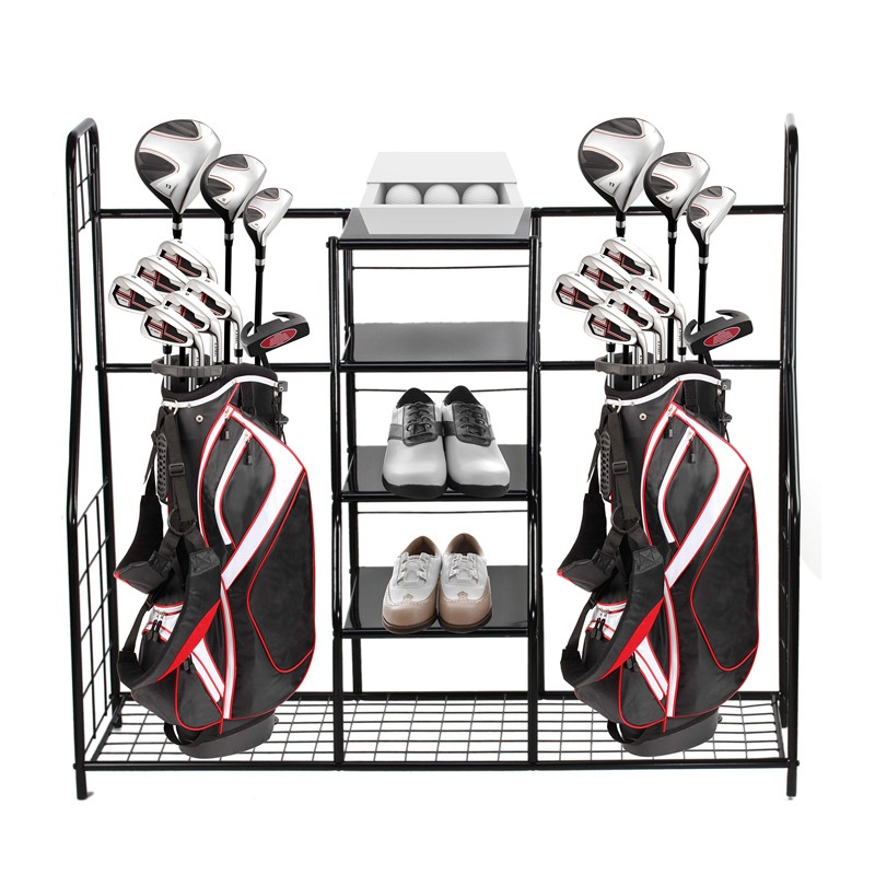Customized Double Wrought Iron Sports Equipment Storage Rack Metal Baseball Golf Bag Practice Organizer Club Shoe Display