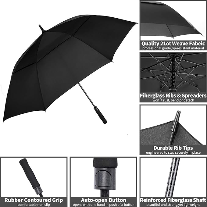 Windproof Double Canopy Golf Umbrella 27/30 Inch, Vented, Automatic Open, Waterproof for Stormy Weather
