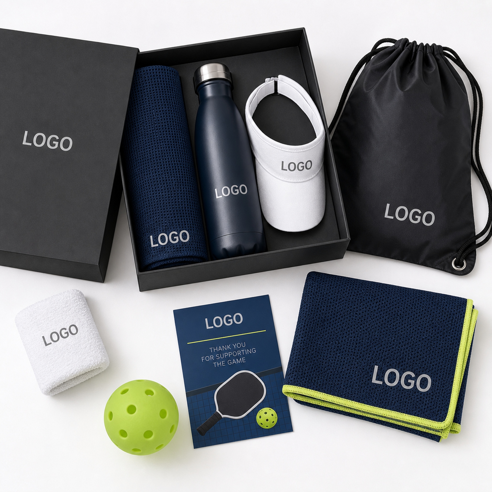 Pickleball Sponsor Giveaway Kit Custom Logo Cooling Towel Water Bottle Visor Drawstring Bag Supplier