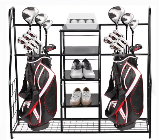 Customized Double Wrought Iron Sports Equipment Storage Rack Metal Baseball Golf Bag Practice Organizer Club Shoe Display