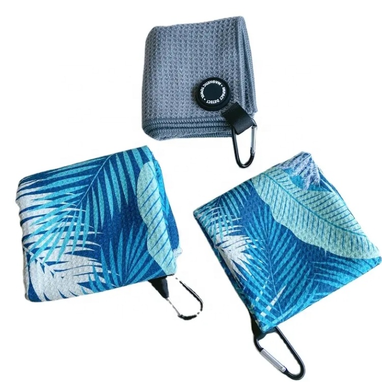 RPET Microfiber Waffle Weave Eco-friendly Sublimation Print OEM/ODM Golf Towel Wiping Golf Ball Accessories with Hook