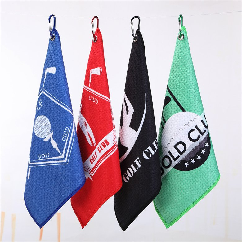 RPET Microfiber Waffle Weave Eco-friendly Sublimation Print OEM/ODM Golf Towel Wiping Golf Ball Accessories with Hook