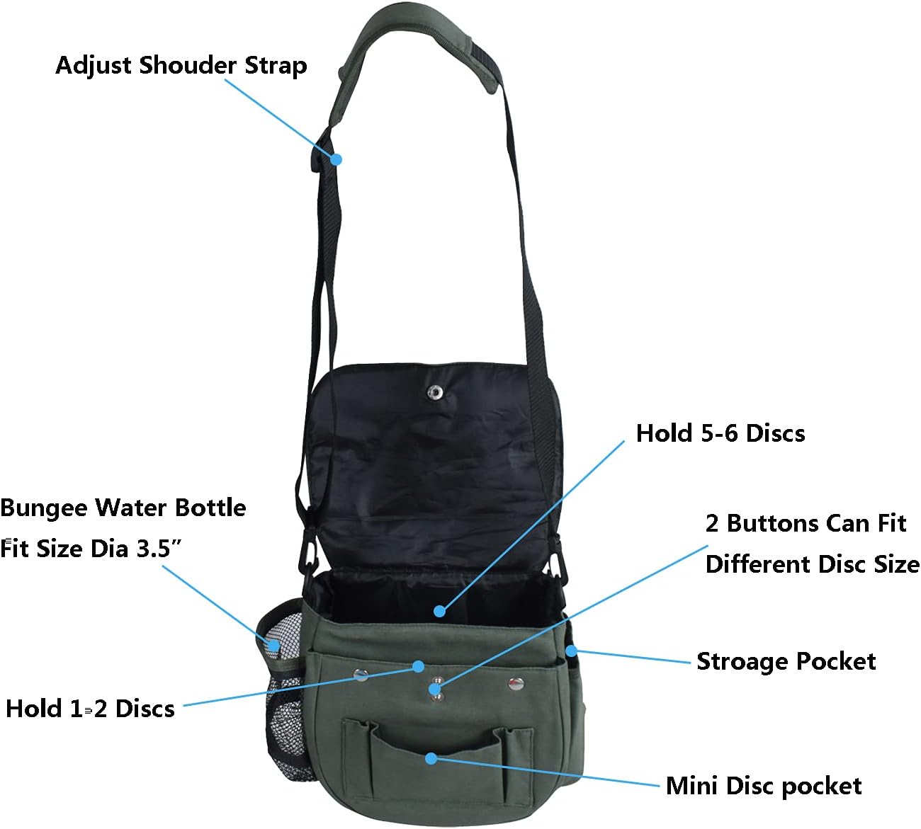 Portable Lightweight Durable Canvas Disc Golf Bag 6+ Disc Capacity Water Bottle Holder Accessory Slots