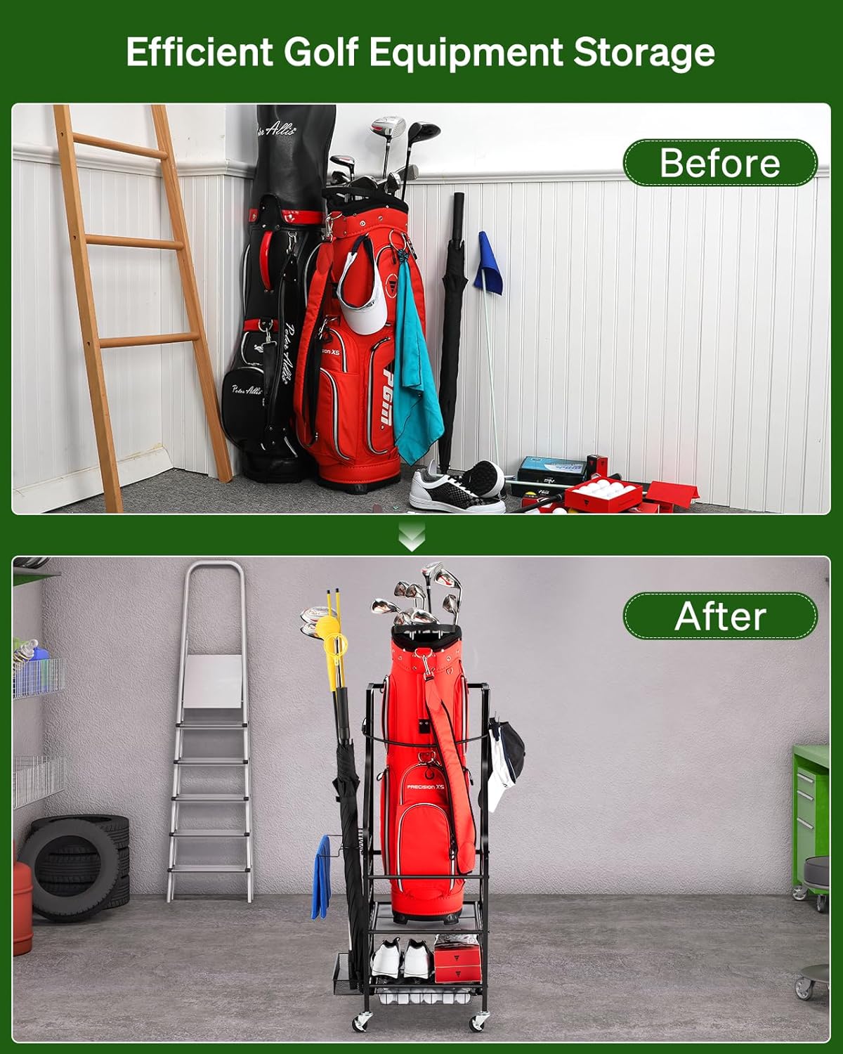 SIMPLY Perforated Aluminum Wire Golf Bag Storage Rack with Wheels for Clubs Storage Rooms &amp; Basements