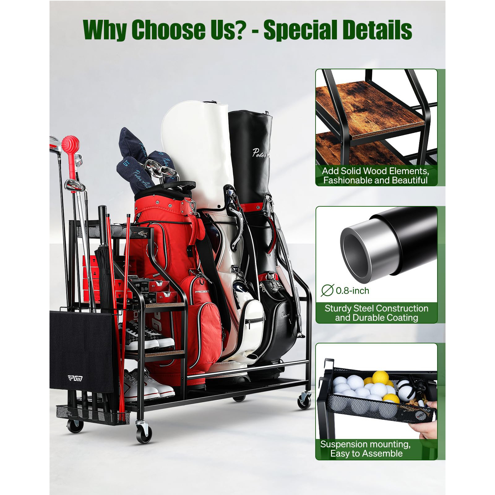 Metal Multi-Purpose Movable Golf Bag Rack with Four Layers Floor Type Storage for Golf Club Equipment Accessories