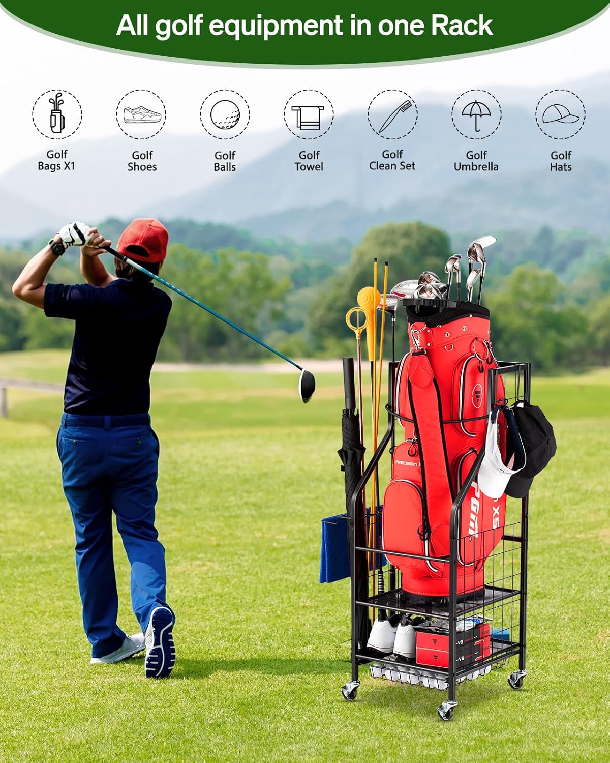 SIMPLY Perforated Aluminum Wire Golf Bag Storage Rack with Wheels for Clubs Storage Rooms &amp; Basements