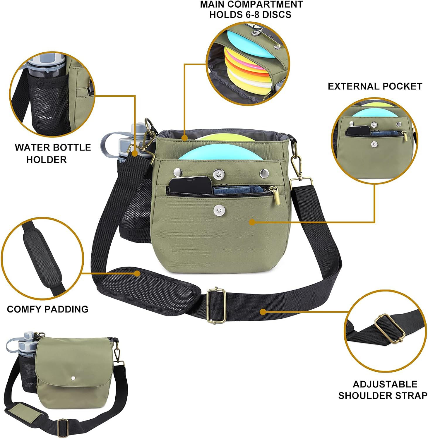 Lightweight Durable Disc Golf Bag 8+ Disc Capacity Water Bottle Holder and Accessory Slots Golf Introductory Bag