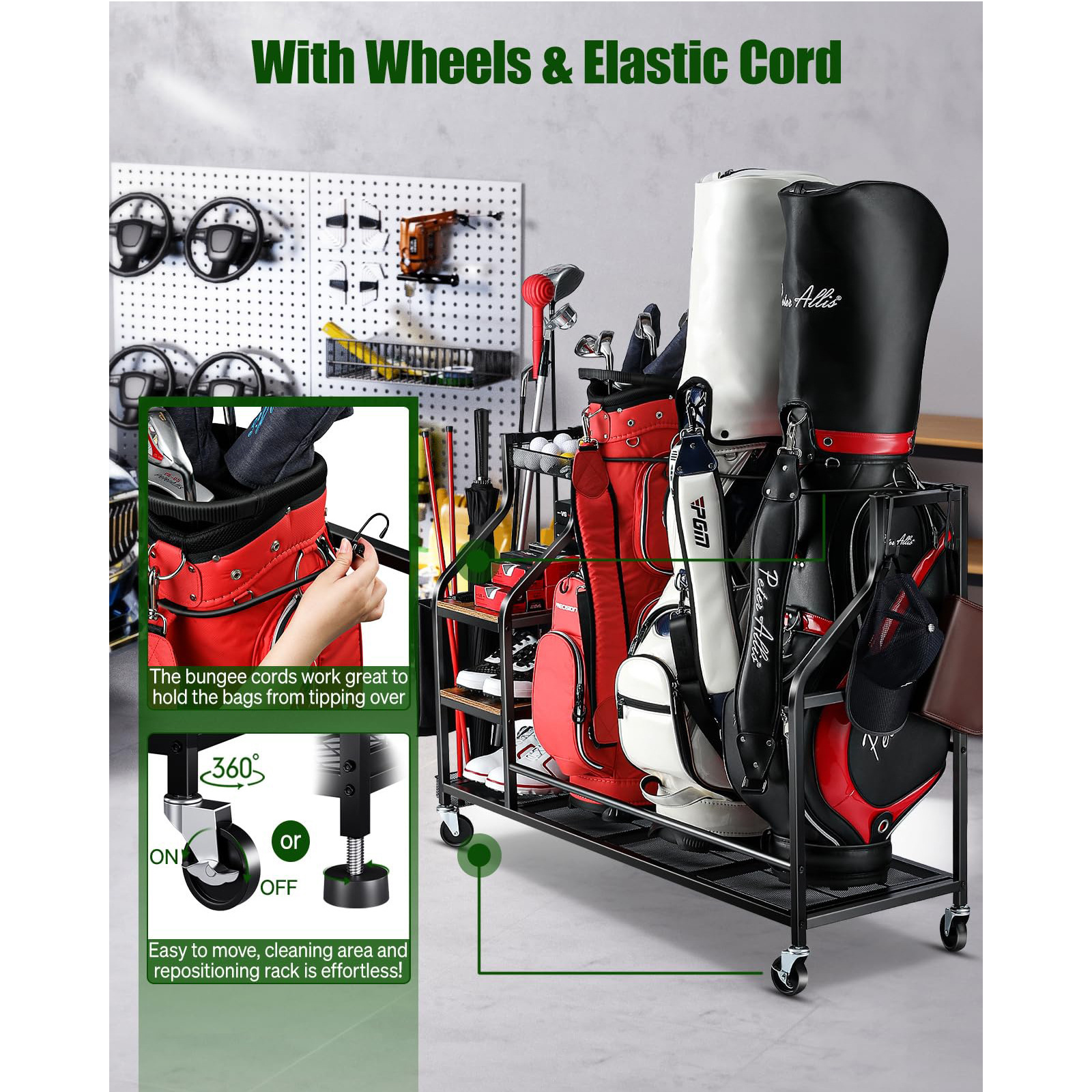 Metal Multi-Purpose Movable Golf Bag Rack with Four Layers Floor Type Storage for Golf Club Equipment Accessories