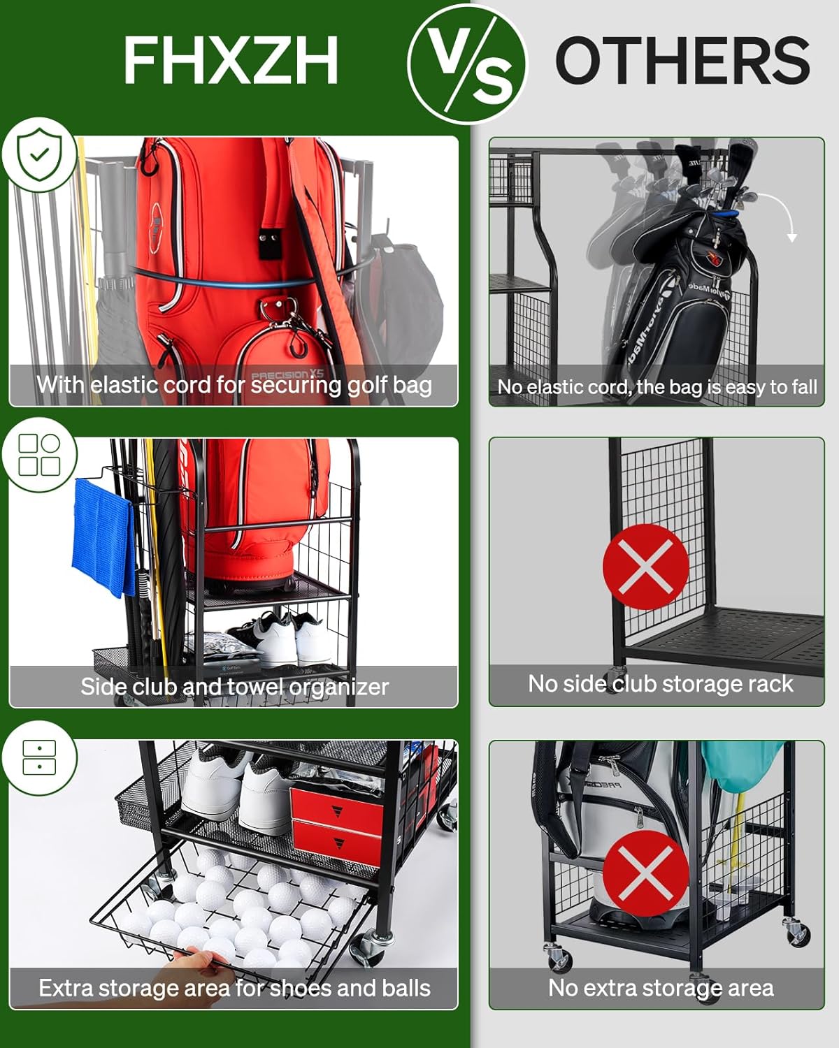 SIMPLY Perforated Aluminum Wire Golf Bag Storage Rack with Wheels for Clubs Storage Rooms &amp; Basements