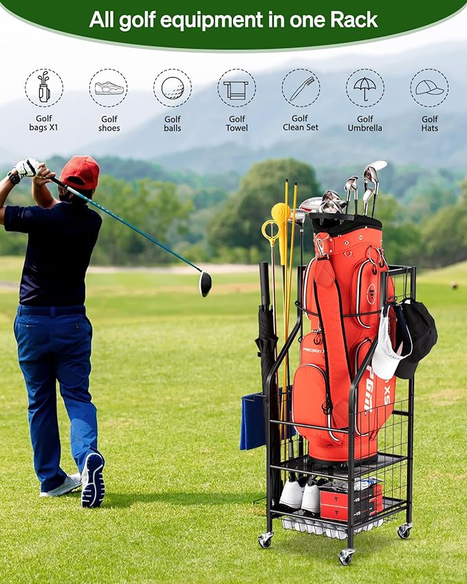 Golf Bags Storage Garage Organizer Golf Bag Stand Fit Single Golf Bags Storage Rack With Wheels