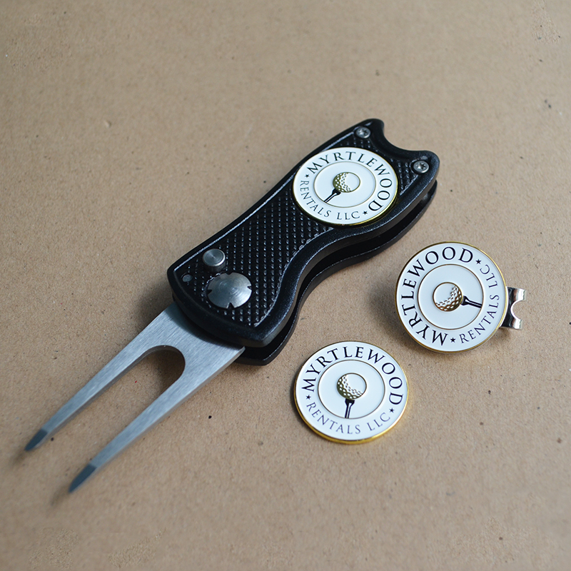 Multi Color Golf Accessories Retractable Golf Divot Repair Tool Stainless Steel Pitchfork with Custom Ball Marker