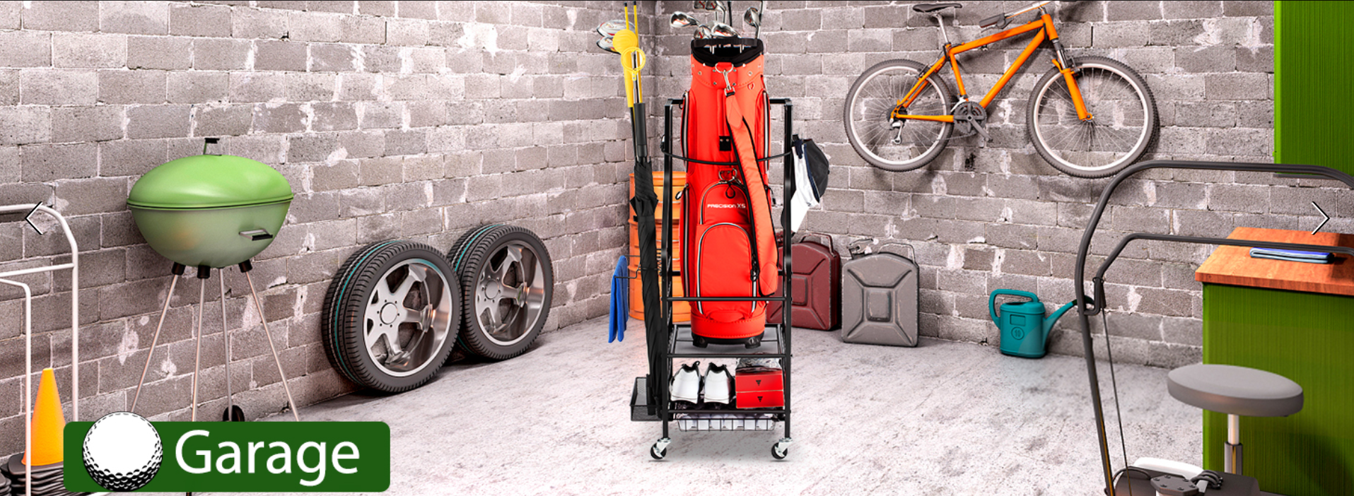 SIMPLY Perforated Aluminum Wire Golf Bag Storage Rack with Wheels for Clubs Storage Rooms & Basements