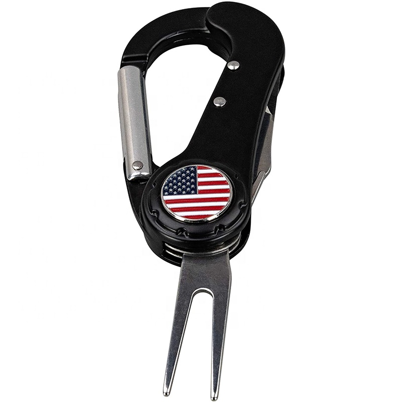 Factory Price Custom 5 in 1 Metal Divot Repair Tool Golf Multi Tool with Carabiner Clip and Customized Logo for Durable Use