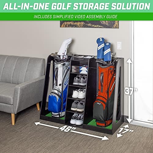 Premium Wooden Golf Bag Organizer and Storage Rack White or Brown Finish Holds 2 Golf Bags