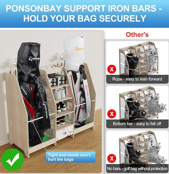 Wood Golf Bag Storage Organizer Premium Wooden Rack with Drawer for Garage Home Simulator and Office