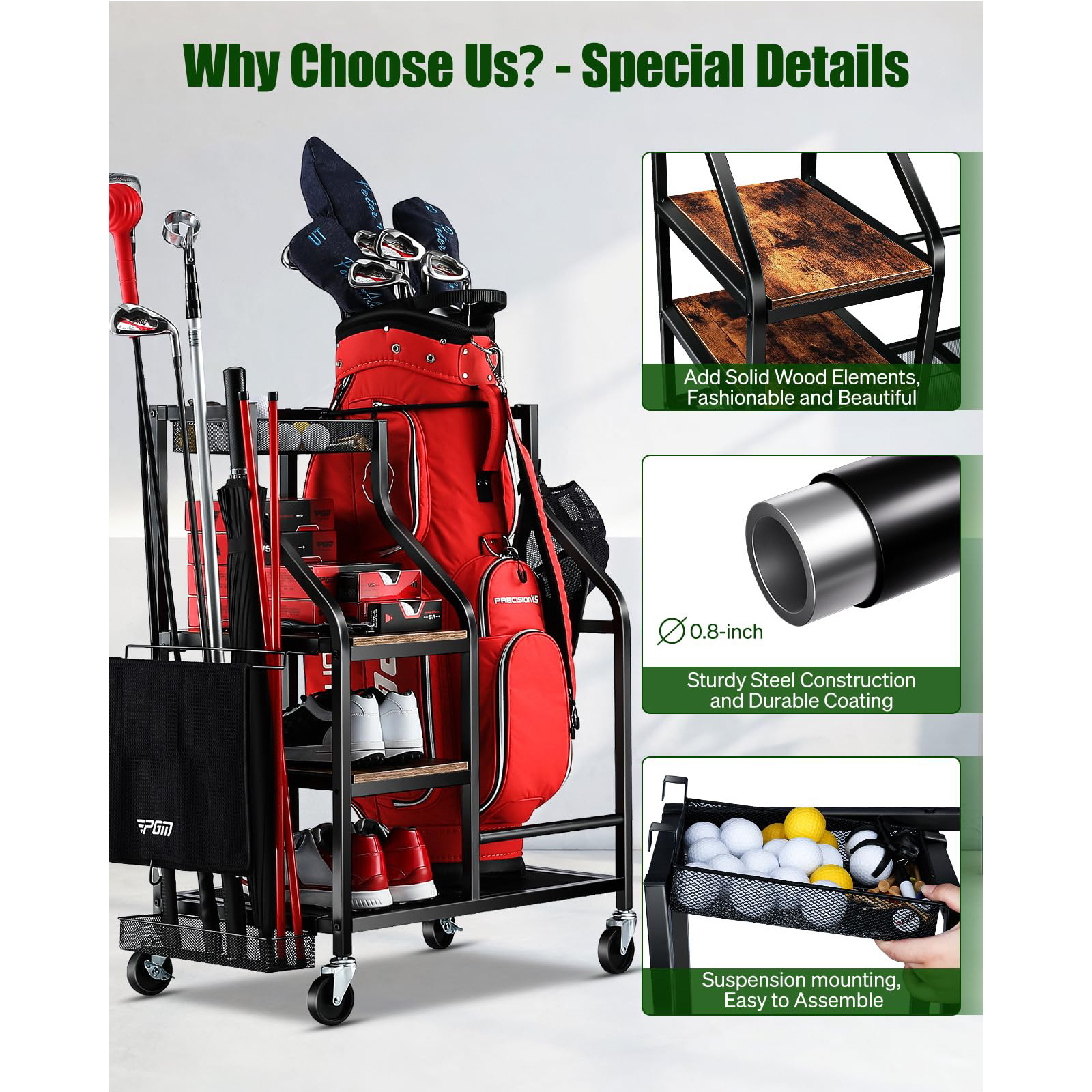 Golf bag storage rack multi-angle view