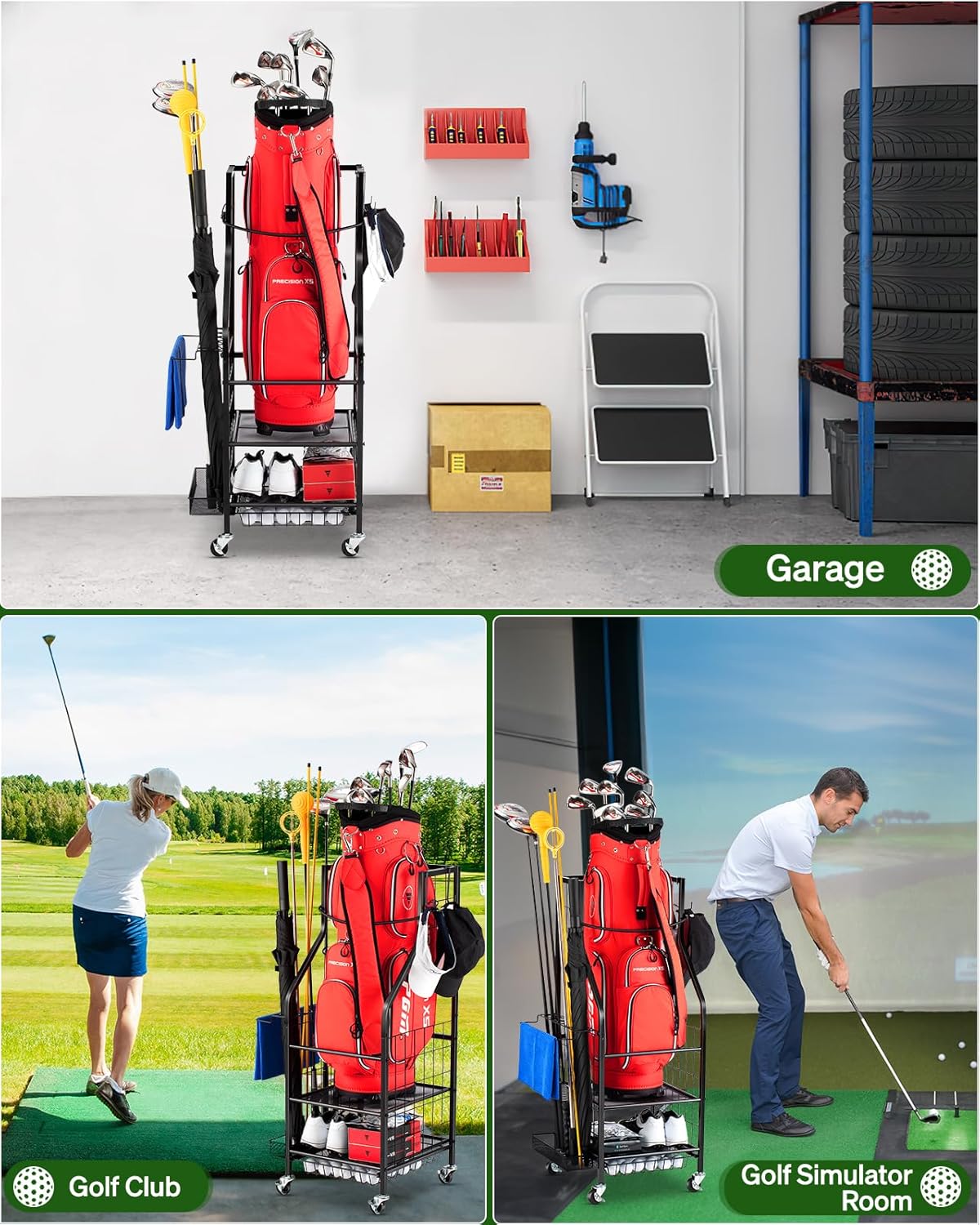 SIMPLY Perforated Aluminum Wire Golf Bag Storage Rack with Wheels for Clubs Storage Rooms &amp; Basements
