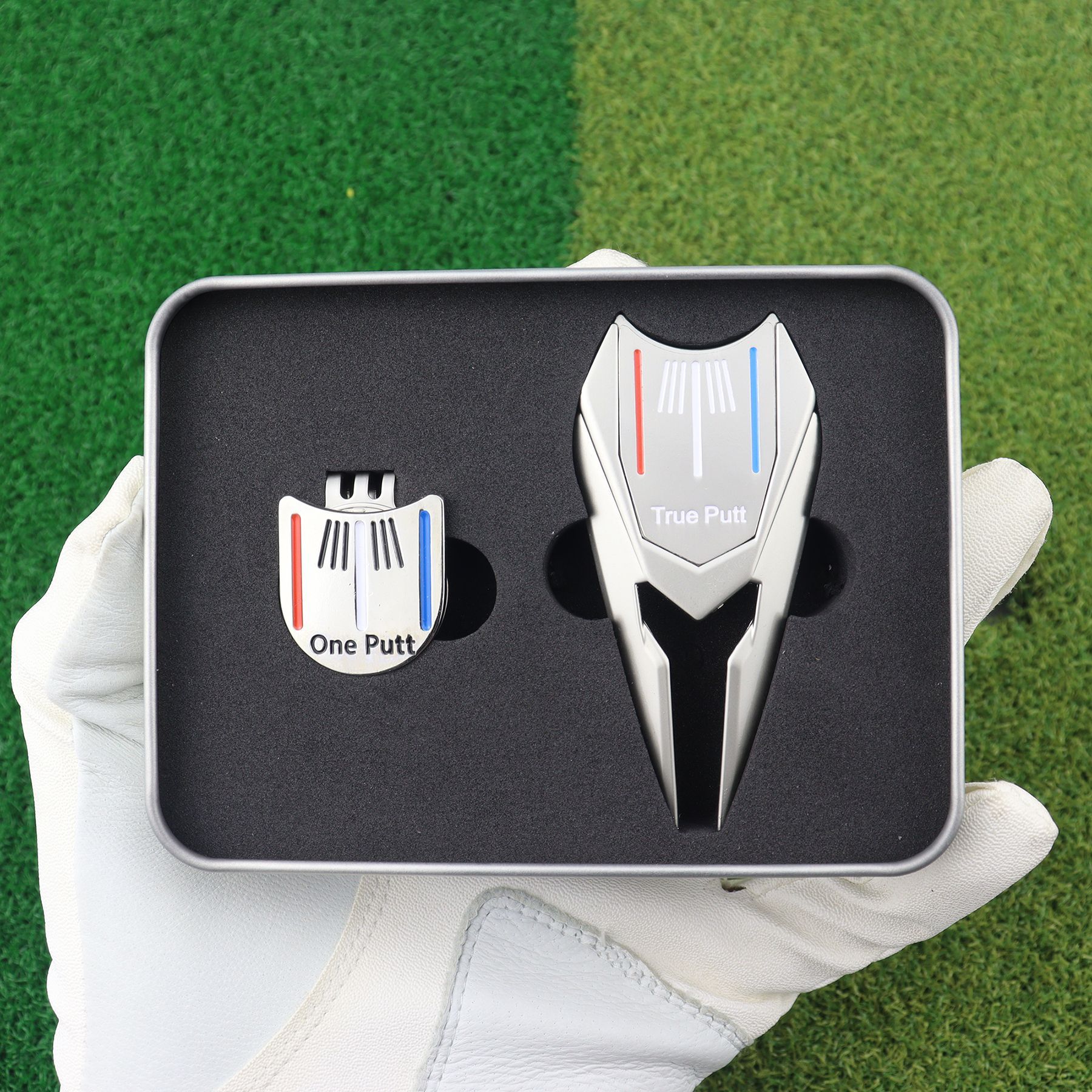 One Putt True Putt Metal Golf Alignment Aids For Practice Silver Color With Red Blue Lines Green Fork Hat Clip