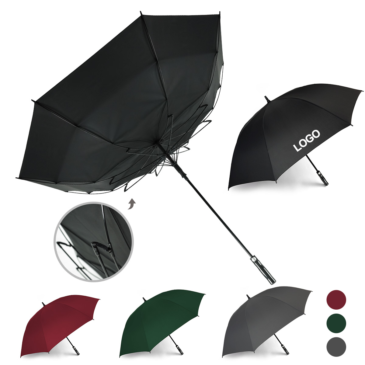 High Quality Auto Open Fiberglass Double Layer Big Vented Custom Strong Storm-proof Windproof Joint Design Golf Umbrella Logo