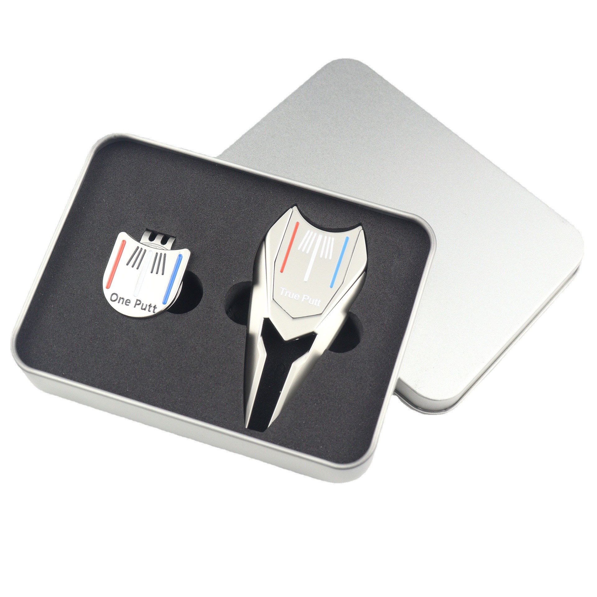 One Putt True Putt Metal Golf Alignment Aids For Practice Silver Color With Red Blue Lines Green Fork Hat Clip
