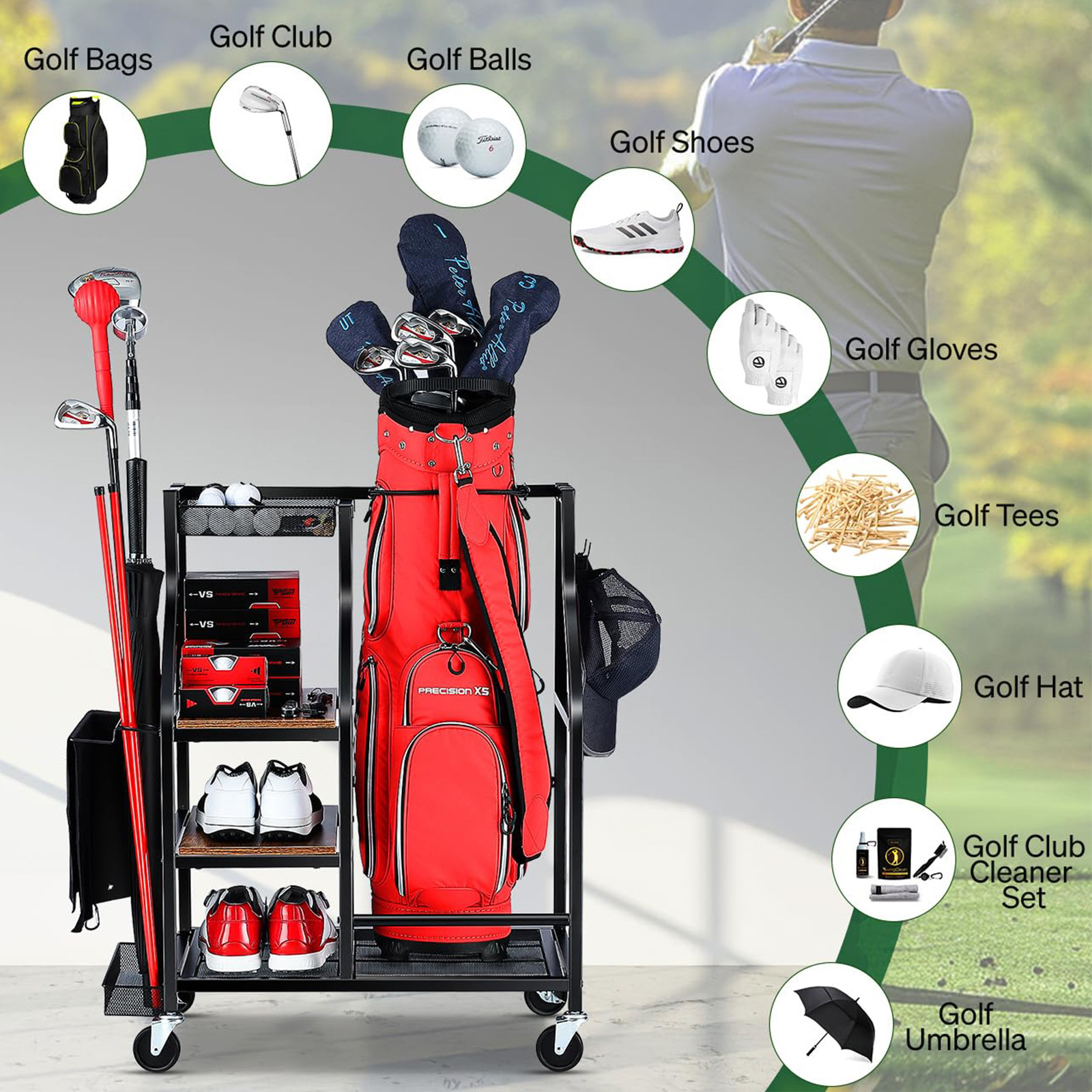 Golf bag storage rack dimension and layout showcase