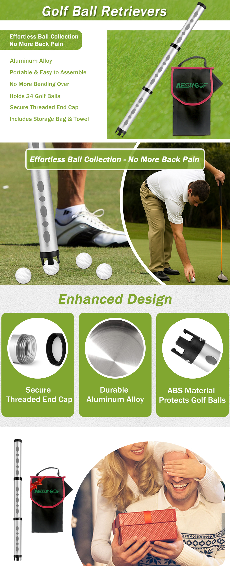 Portable Retractable Golf Ball Retriever Aluminum Alloy Ball Picker Upper Tube Collector for 20 Balls