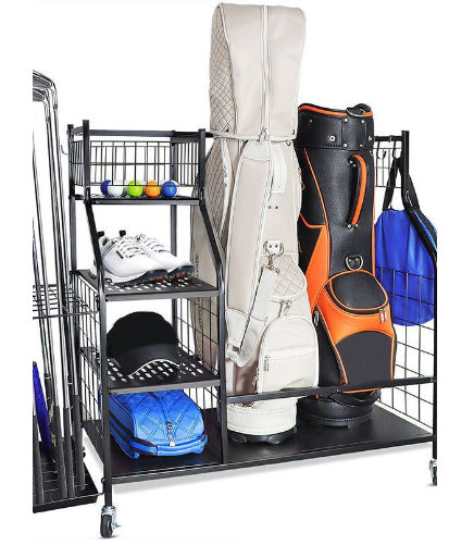 Wheeled Golfs Racks With Brake Durable Sturdy Umbrella Display Storage Rack Organizer Standing Golf Bag Organizer Shelves