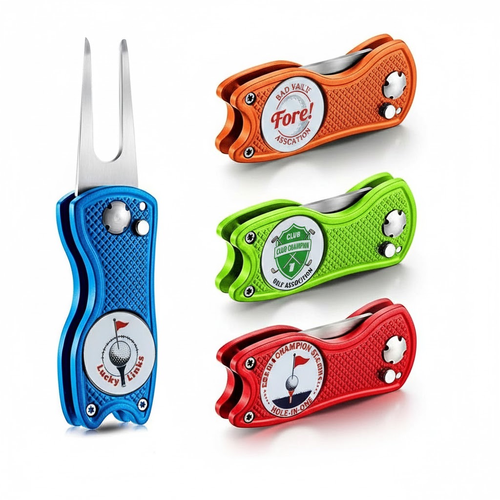 Custom Logo 25mm Ball Marker Foldable Golf Divot Repair Tool Multi Colors Metal Aluminum Handle