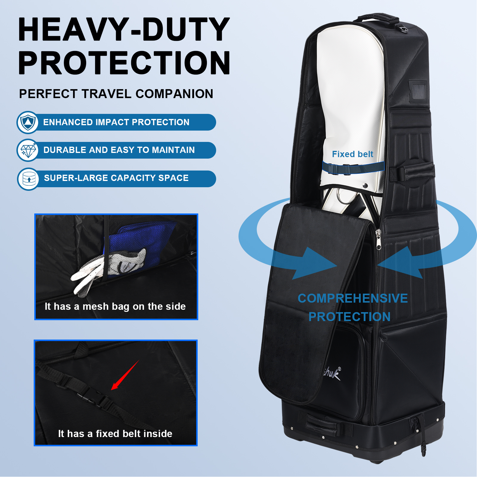 Dbaihuk Foldable Hard-Shell EVA Black Golf Travel Bag Wheels Durable Club Storage Protection Case | All-in-One Accessory Set
