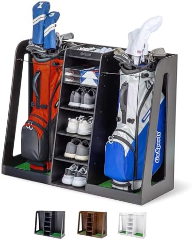 Premium Wooden Golf Bag Organizer and Storage Rack White or Brown Finish Holds 2 Golf Bags