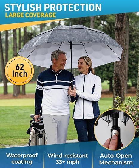 Custom Logo Golf Umbrella 62 Inch Windproof, Extra Large Auto Open, Double Canopy, Heavy Duty Rain Protection for Golf