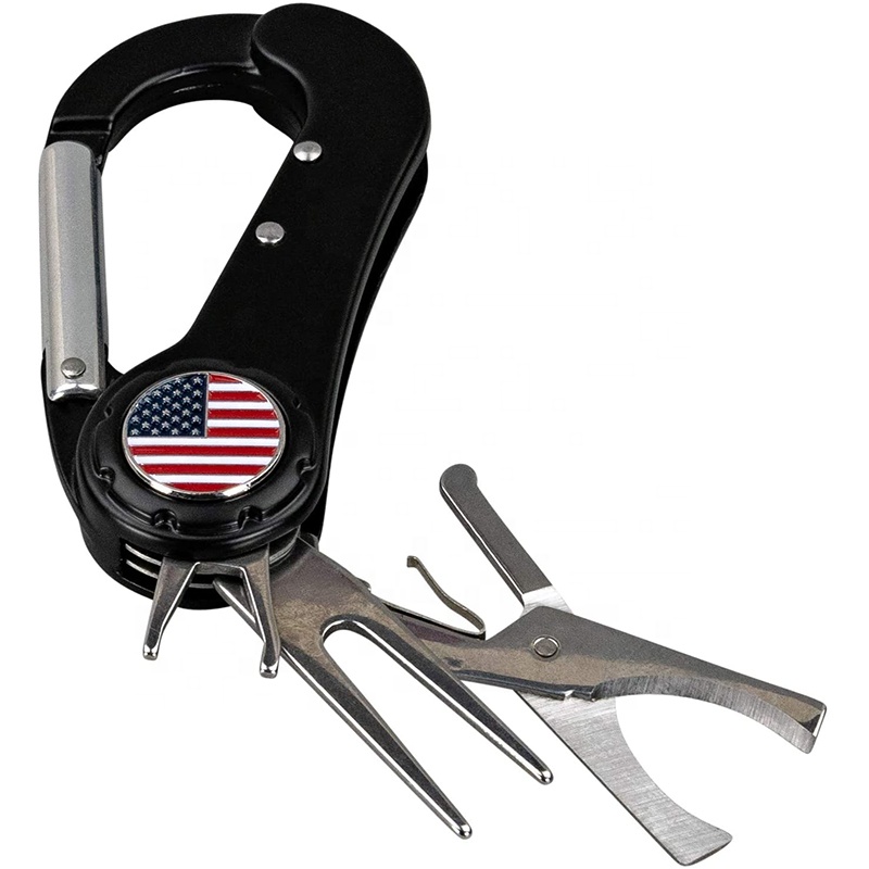 Factory Price Custom 5 in 1 Metal Divot Repair Tool Golf Multi Tool with Carabiner Clip and Customized Logo for Durable Use