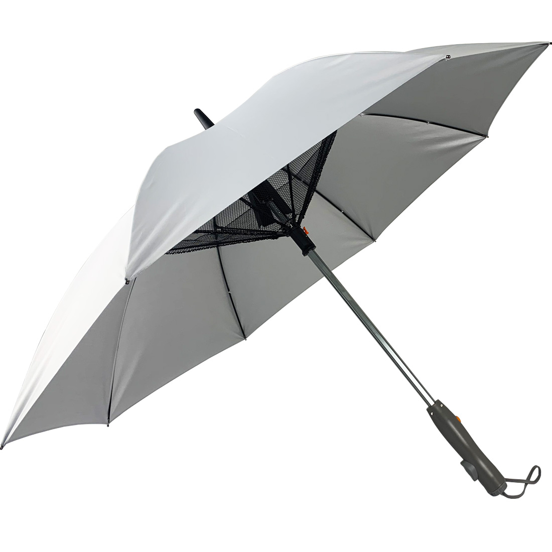 27-Inch Silver UV Coated Spray Fan Golf Umbrella New Design High Cooling USB Charging Automatic Windproof Sunshade