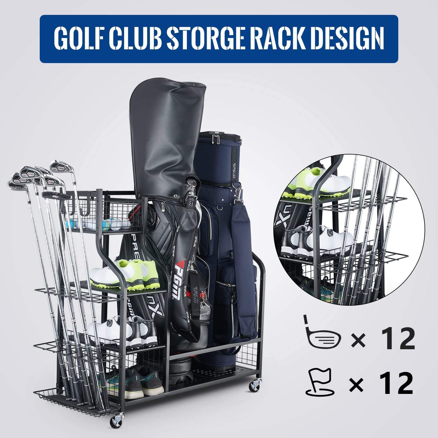 Golf Storage Garage Organizer, Golf Bag Storage Stand and Other Golfing Equipment Rack, Extra Storage Rack for Golf Club
