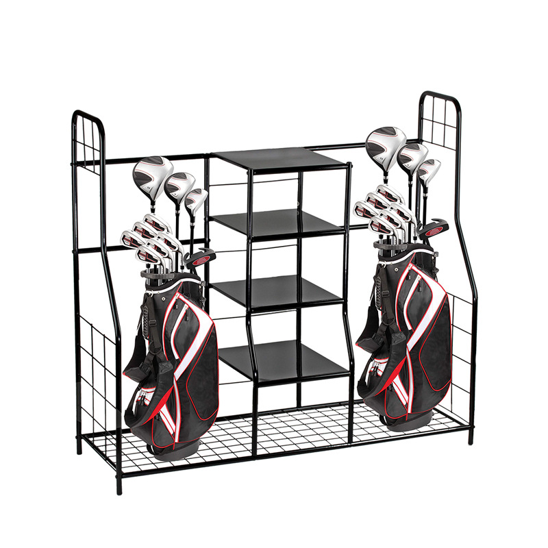 Customized Double Wrought Iron Sports Equipment Storage Rack Metal Baseball Golf Bag Practice Organizer Club Shoe Display